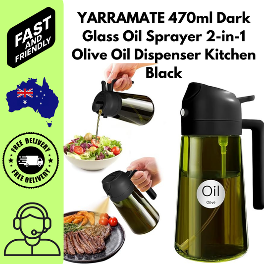 YARRAMATE 470ml Dark Glass Oil Sprayer 2-in-1 Olive Oil Dispenser Kitchen Black
