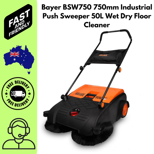 Bayer BSW750 750mm Industrial Push Sweeper 50L Wet Dry Floor Cleaner