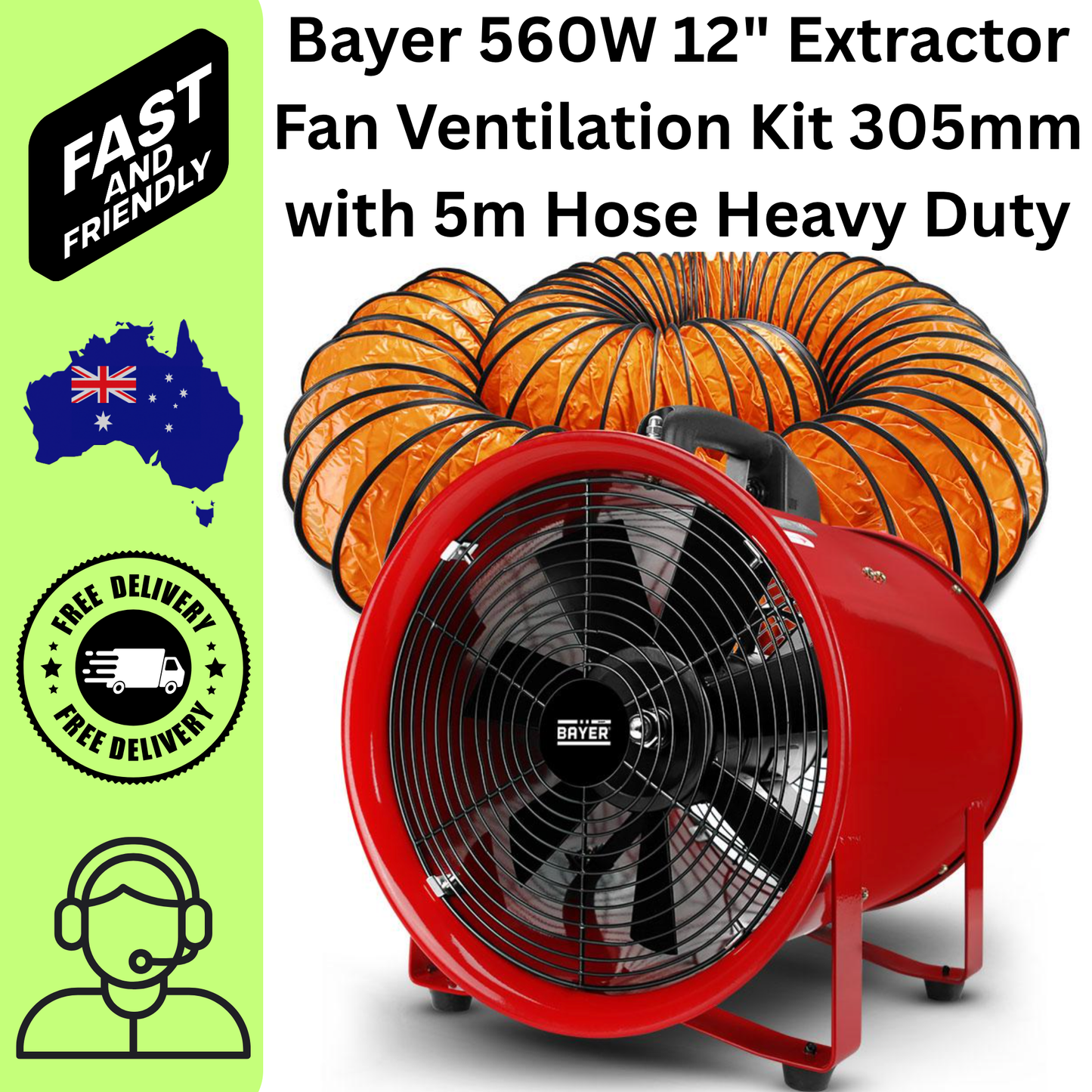 Bayer 560W 12" Extractor Fan Ventilation Kit 305mm with 5m Hose Heavy Duty