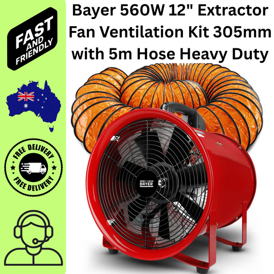 Bayer 560W 12" Extractor Fan Ventilation Kit 305mm with 5m Hose Heavy Duty