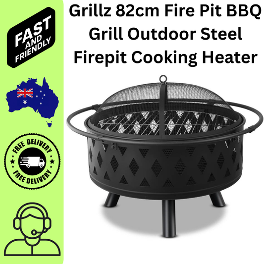 Grillz 82cm Fire Pit BBQ Grill Outdoor Steel Firepit Cooking Heater