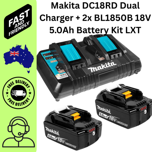 Makita DC18RD Dual Charger + 2x BL1850B 18V 5.0Ah Battery Kit LXT