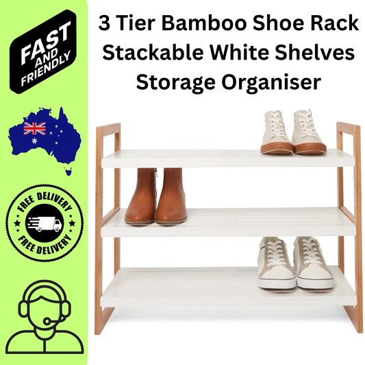 3 Tier Bamboo Shoe Rack Stackable White Shelves Storage Organiser