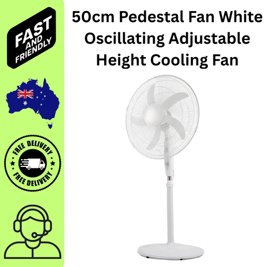 50cm Pedestal Fan White Oscillating Adjustable Height Cooling Fan